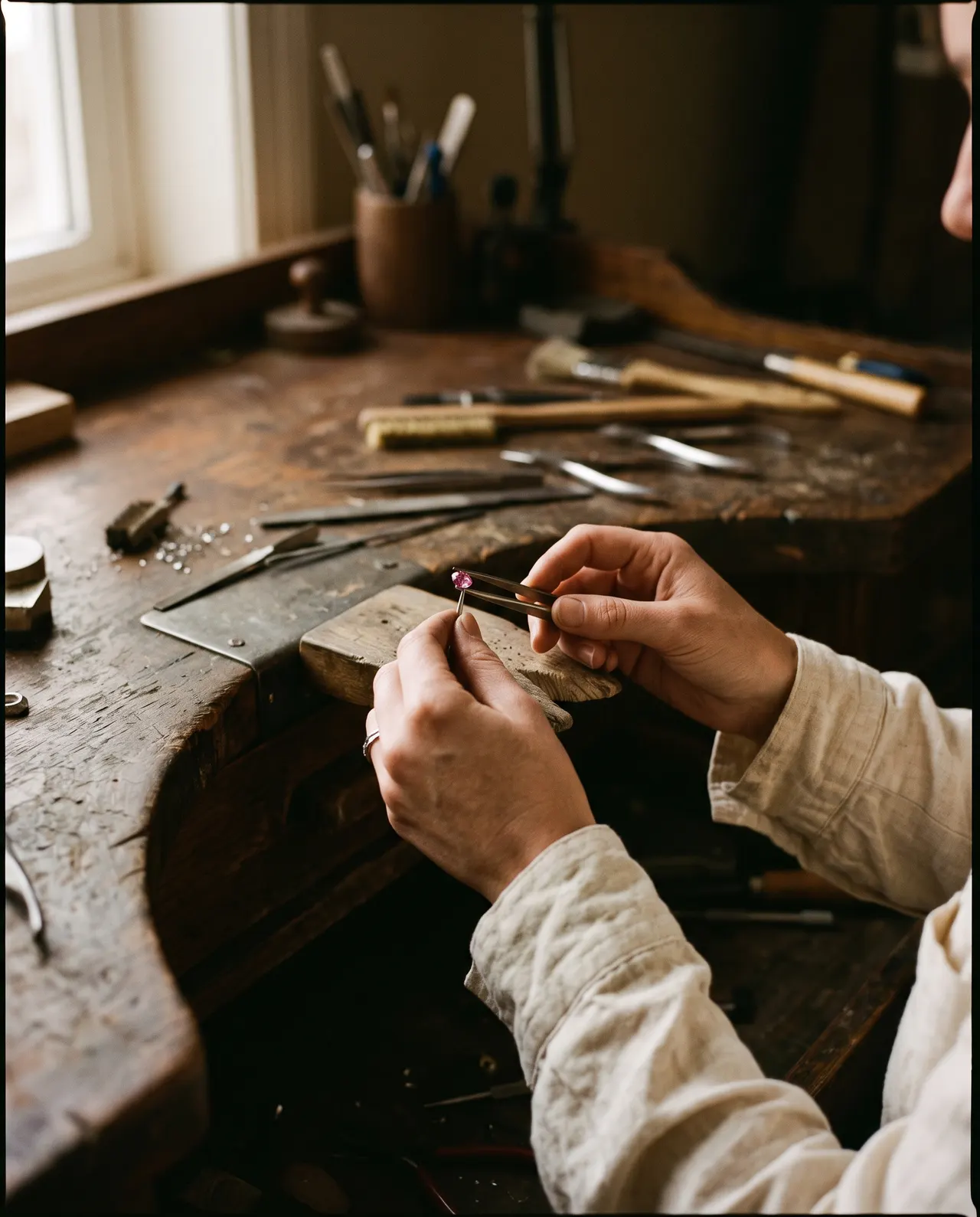 The founder at the bench, side light