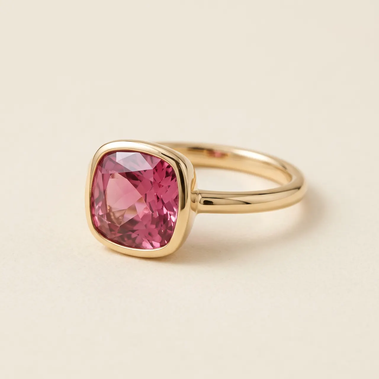 A pink tourmaline ring in 14K yellow gold, bezel set
